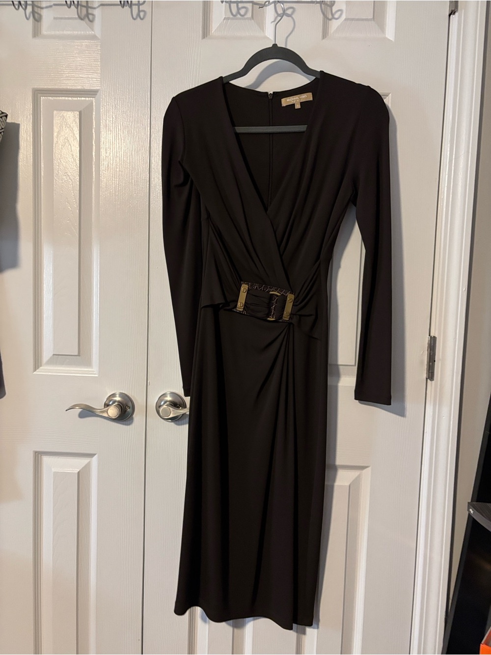 Michael Kors Collection Black Long-Sleeve Wrap Dress with Gold Buckle